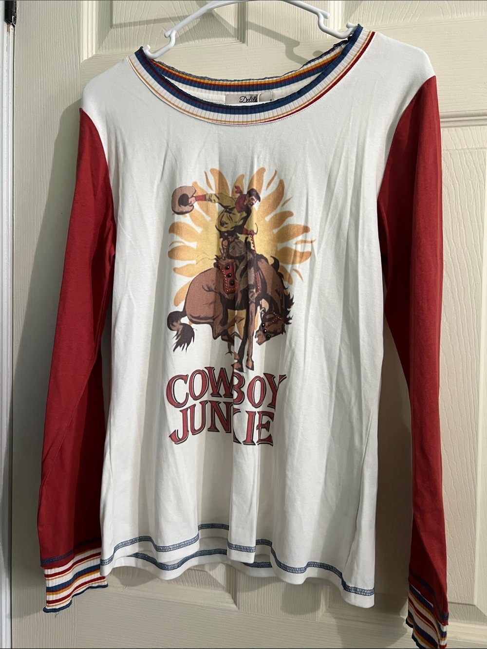 NWT Delila handmadeCowboy Junkie White & Red Long-Sleeve Graphic Tee